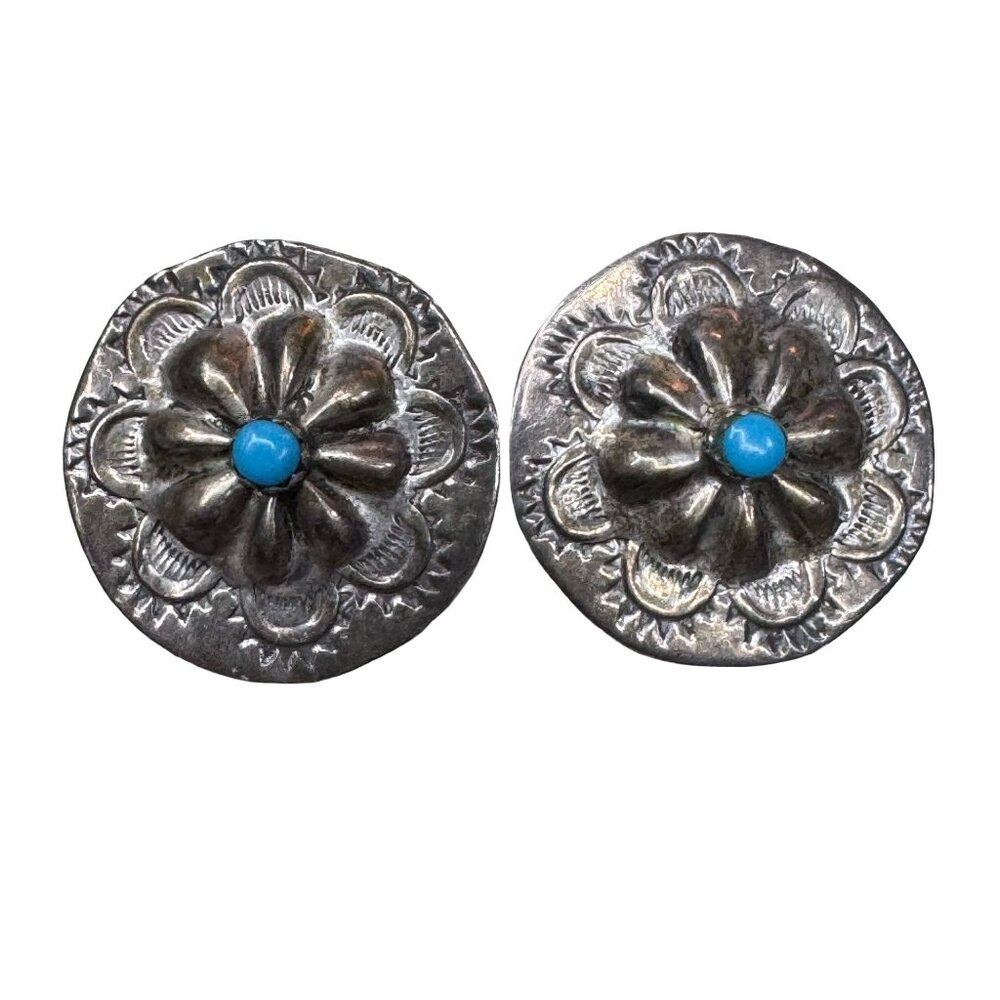 Native American Sterling Silver Navajo Handmade Concho Turquoise Post Earrings